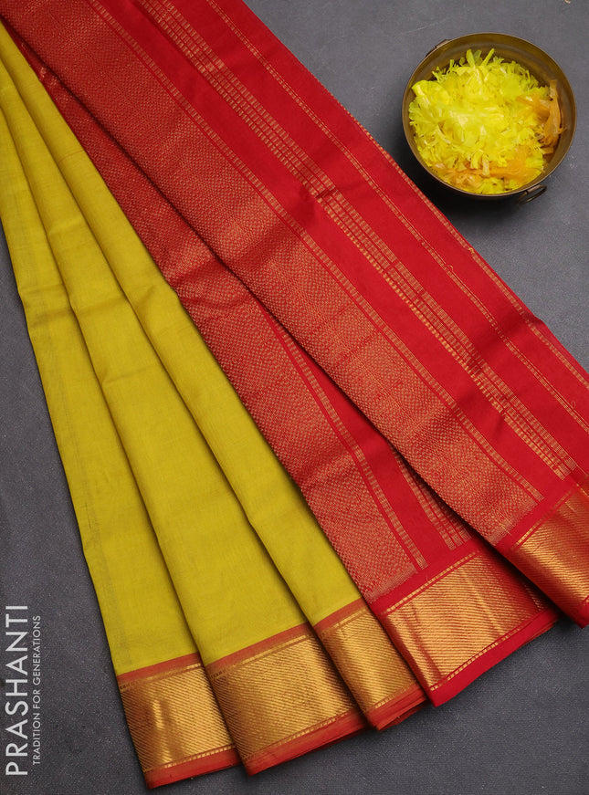 Silk cotton saree lime yellow and red with plain body and zari woven border