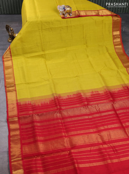 Silk cotton saree lime yellow and red with plain body and zari woven border