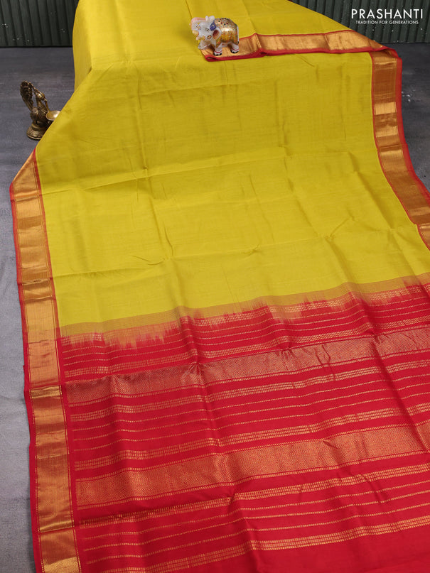 Silk cotton saree lime yellow and red with plain body and zari woven border
