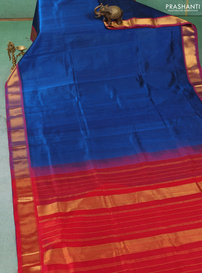 Silk cotton saree peacock blue and maroon with plain body and zari woven border