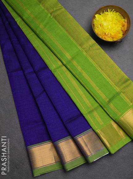 Silk cotton saree blue and light green with plain body and zari woven border