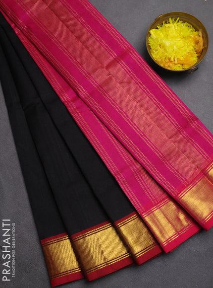 Silk cotton saree black and pink with plain body and zari woven border