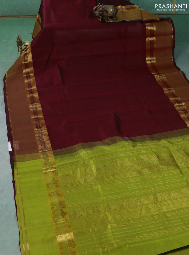 Silk cotton saree deep maroon and light green with plain body and rettapet zari woven border