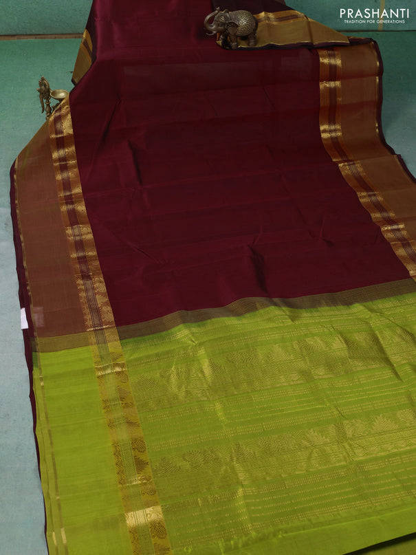 Silk cotton saree deep maroon and light green with plain body and rettapet zari woven border
