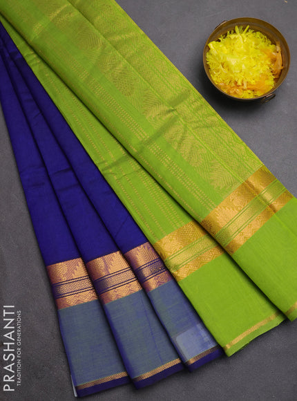 Silk cotton saree royal blue and light green with plain body and rettapet zari woven border