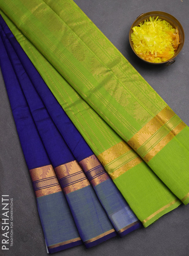 Silk cotton saree royal blue and light green with plain body and rettapet zari woven border