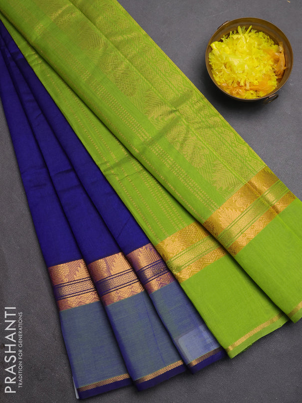 Silk cotton saree royal blue and light green with plain body and rettapet zari woven border