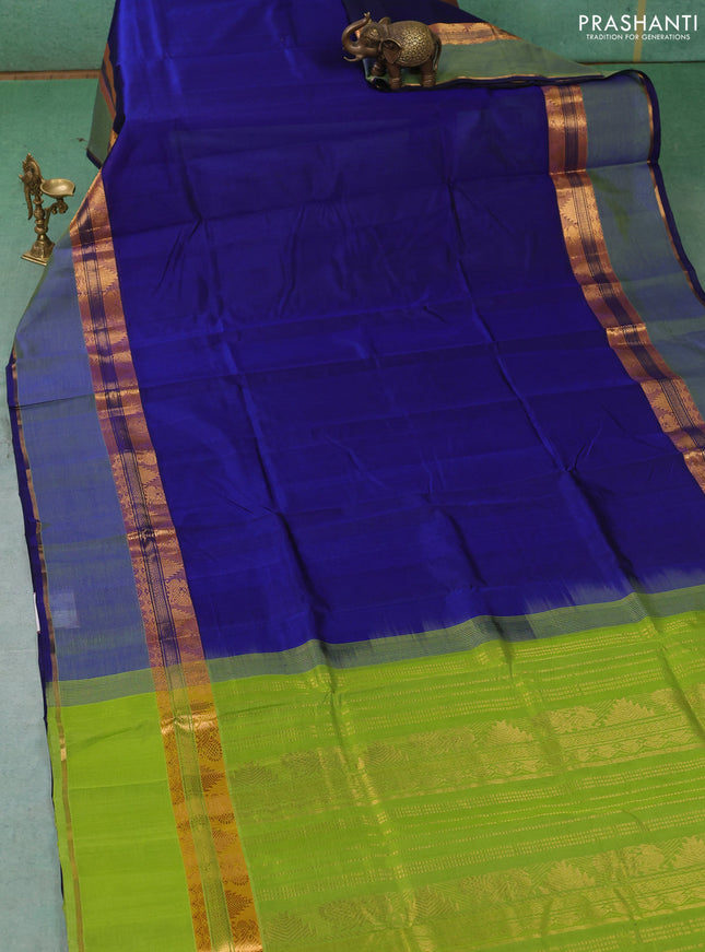 Silk cotton saree royal blue and light green with plain body and rettapet zari woven border