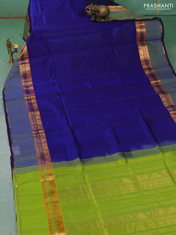 Silk cotton saree royal blue and light green with plain body and rettapet zari woven border