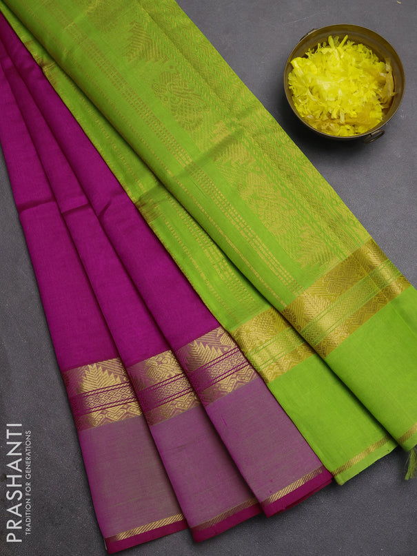 Silk cotton saree pink and light green with plain body and rettapet zari woven border
