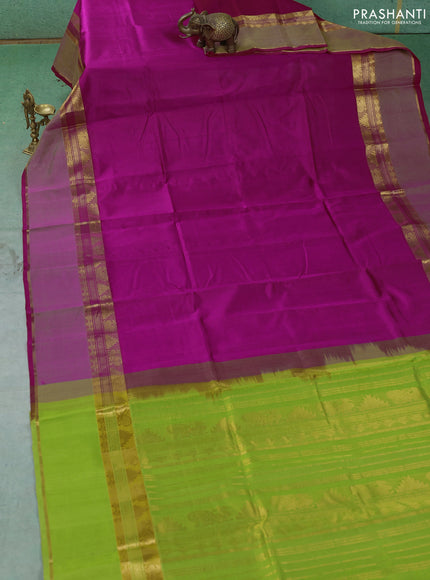 Silk cotton saree pink and light green with plain body and rettapet zari woven border