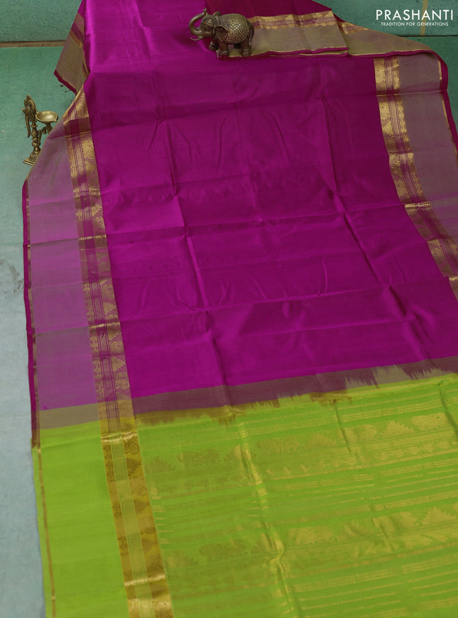 Silk cotton saree pink and light green with plain body and rettapet zari woven border