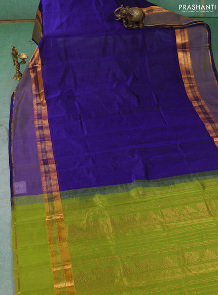 Silk cotton saree royal blue and light green with plain body and rettapet zari woven border