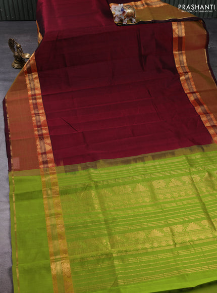 Silk cotton saree deep wine and light green with plain body and rettapet zari woven border