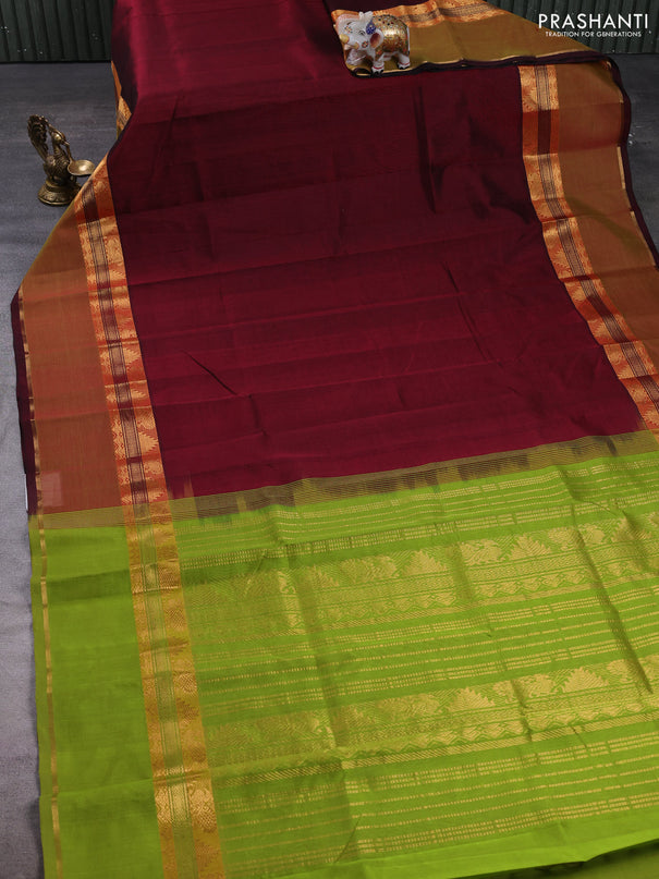 Silk cotton saree deep wine and light green with plain body and rettapet zari woven border