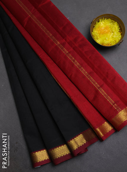 Silk cotton saree black and maroon with plain body and zari woven border
