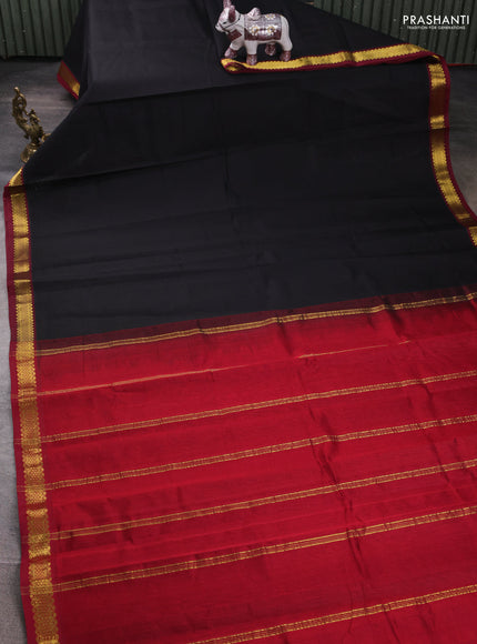 Silk cotton saree black and maroon with plain body and zari woven border