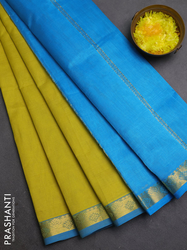 Silk cotton saree lime yellow and cs blue with plain body and zari woven border