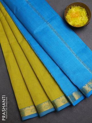 Silk cotton saree lime yellow and cs blue with plain body and zari woven border