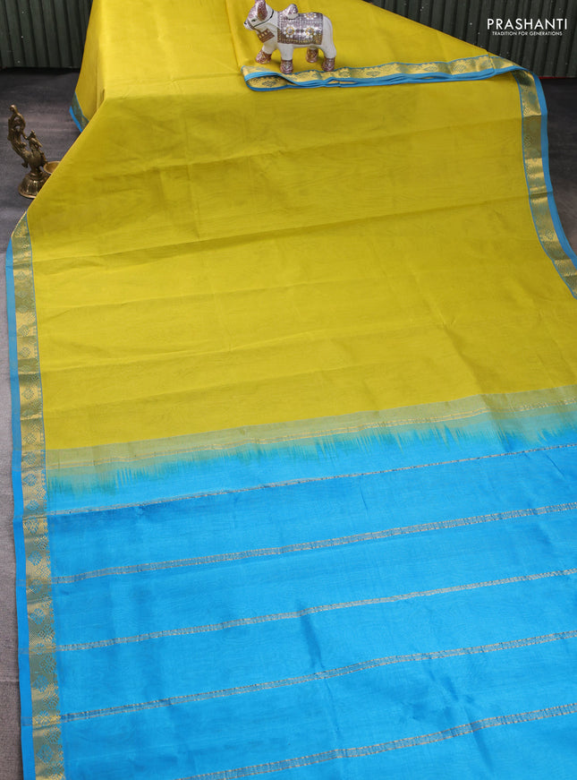 Silk cotton saree lime yellow and cs blue with plain body and zari woven border