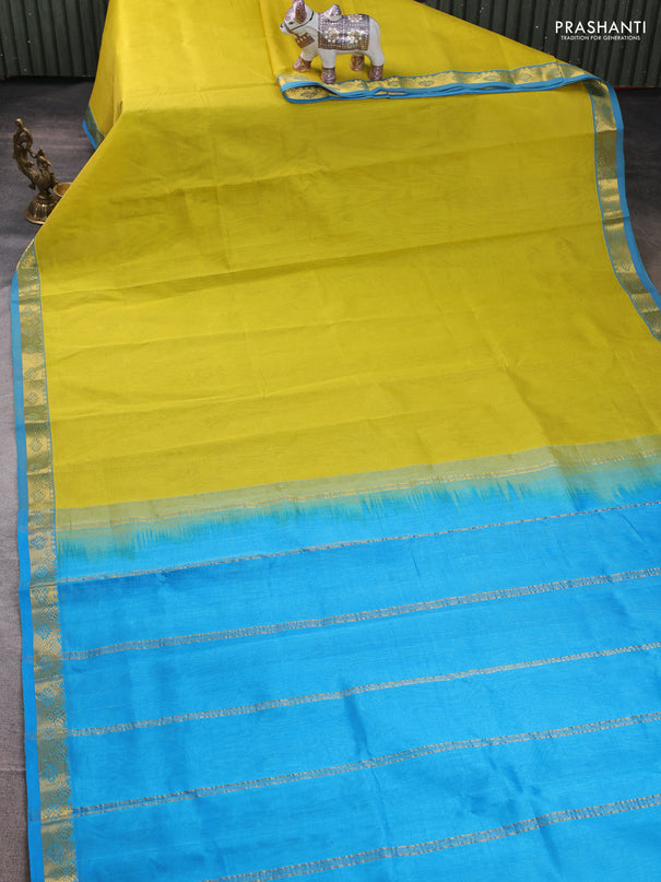 Silk cotton saree lime yellow and cs blue with plain body and zari woven border