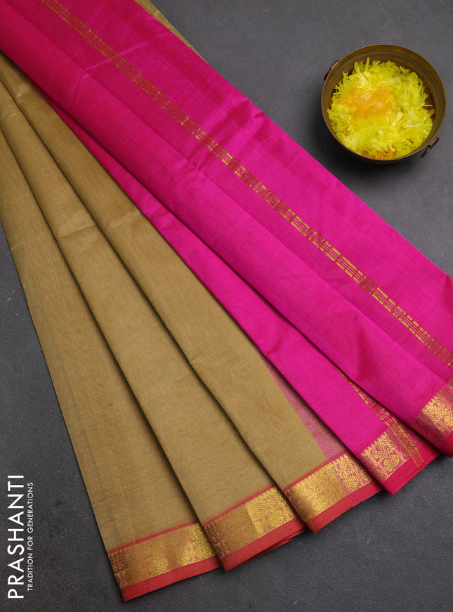 Silk cotton saree sandal and pink with plain body and zari woven border