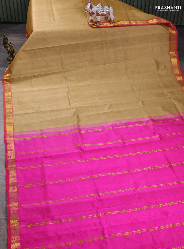 Silk cotton saree sandal and pink with plain body and zari woven border