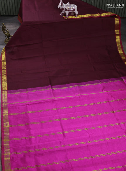 Silk cotton saree deep maroon and pink with plain body and zari woven border
