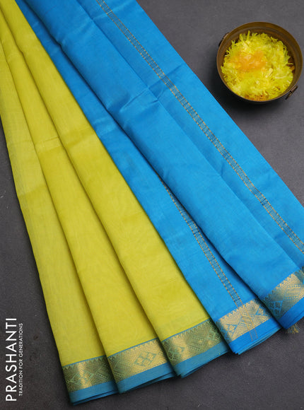 Silk cotton saree lime yellow and cs blue with plain body and zari woven border