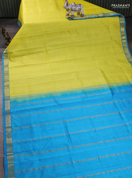 Silk cotton saree lime yellow and cs blue with plain body and zari woven border