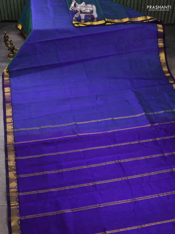 Silk cotton saree dual shade of bluish green and blue with plain body and zari woven border