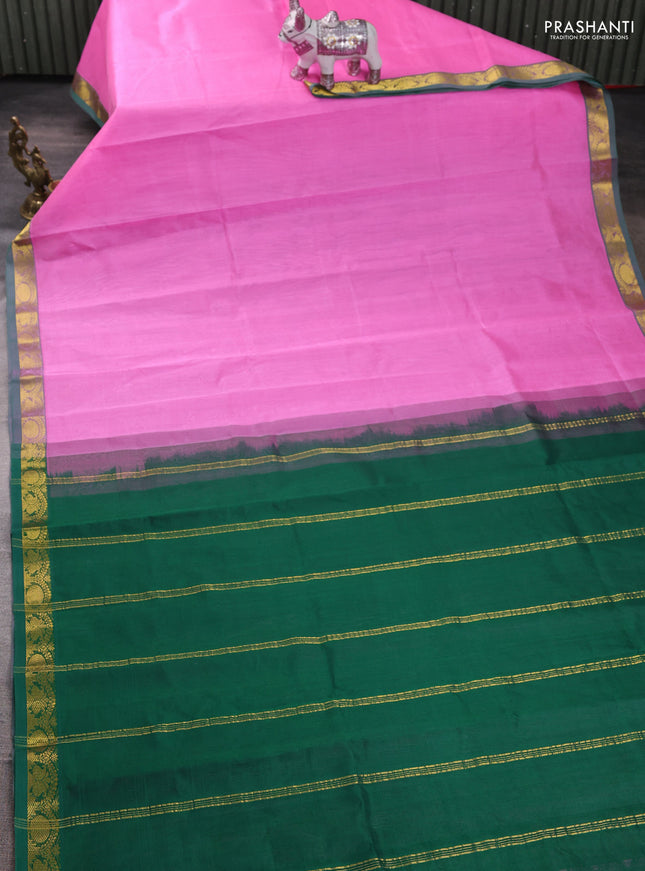 Silk cotton saree light pink and green with plain body and zari woven border