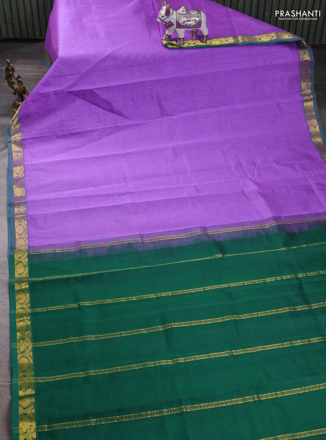 Silk cotton saree lavender and green with plain body and zari woven border