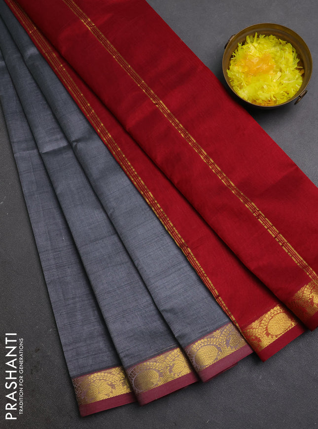Silk cotton saree grey and maroon with plain body and zari woven border