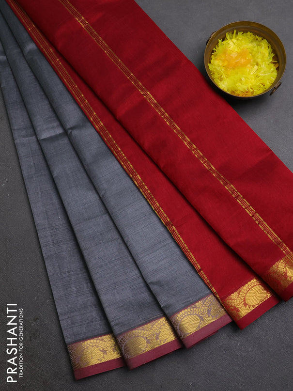 Silk cotton saree grey and maroon with plain body and zari woven border