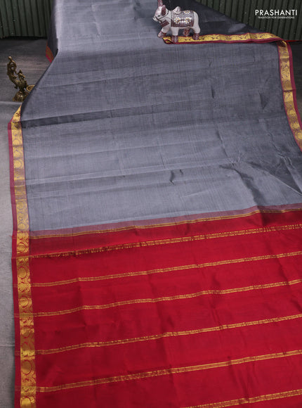 Silk cotton saree grey and maroon with plain body and zari woven border