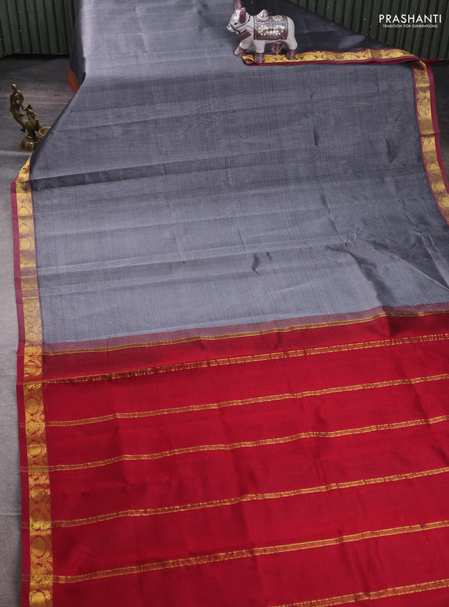 Silk cotton saree grey and maroon with plain body and zari woven border