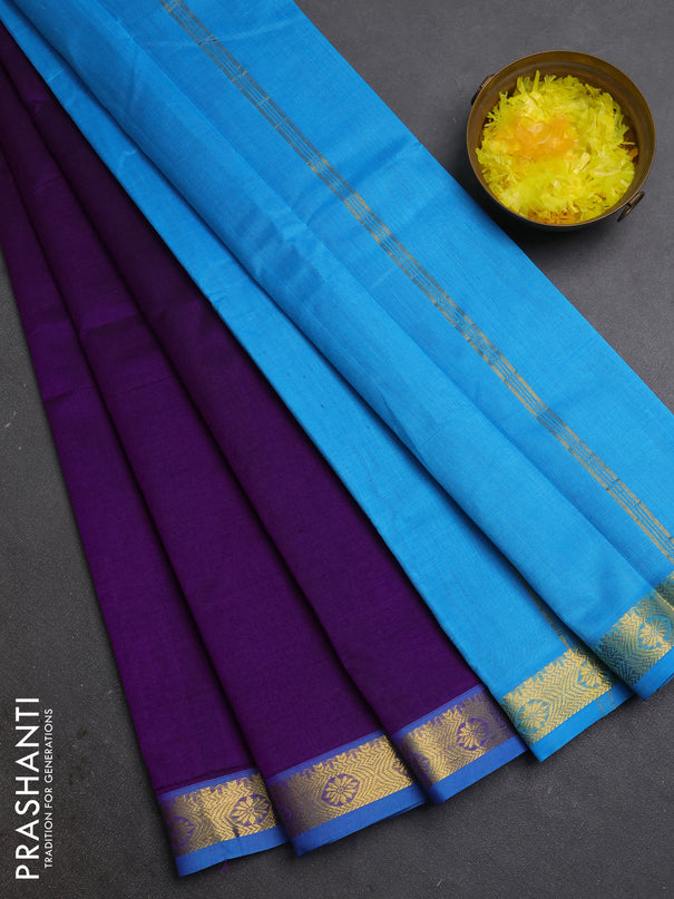 Silk cotton saree purple and cs blue with plain body and zari woven border