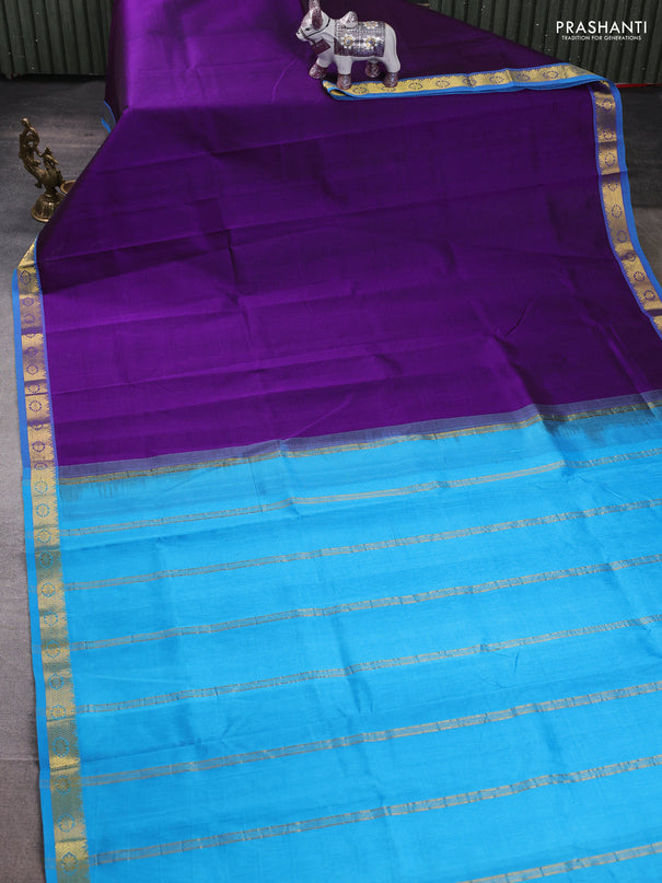 Silk cotton saree purple and cs blue with plain body and zari woven border