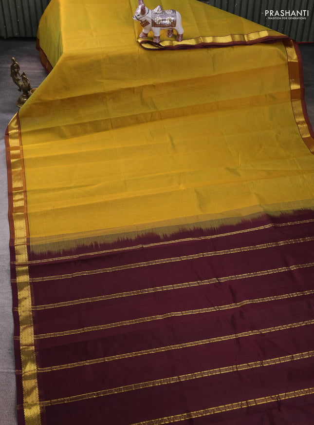 Silk cotton saree dual shade of mustard green and wine shade with allover stripe pattern and zari woven border