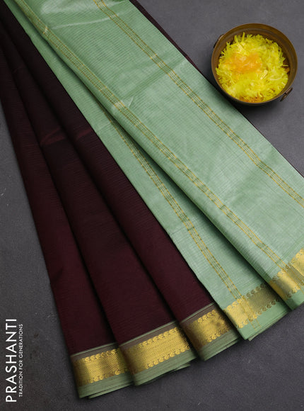 Silk cotton saree deep maroon and pastel green with allover stripe pattern and zari woven border