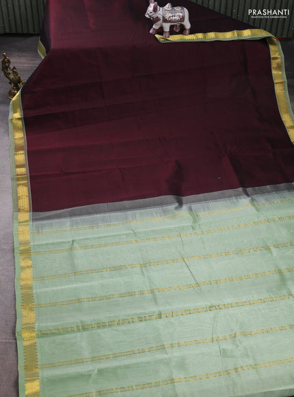 Silk cotton saree deep maroon and pastel green with allover stripe pattern and zari woven border