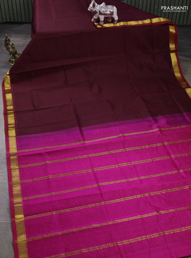 Silk cotton saree wine shade and pink with allover stripe pattern and zari woven border