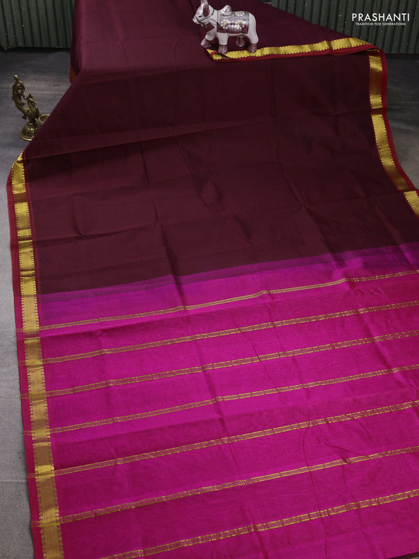 Silk cotton saree wine shade and pink with allover stripe pattern and zari woven border