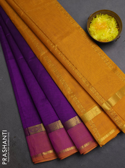 Silk cotton saree purple and mustard yellow with plain body and rettapet zari woven border