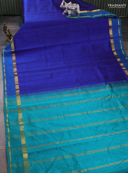 Silk cotton saree blue and teal green with plain body and rettapet zari woven border
