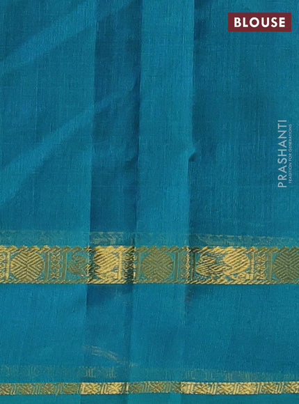 Silk cotton saree blue and teal green with plain body and rettapet zari woven border