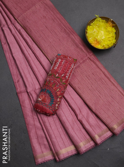 Makta silk saree mauve pink and pink shade with allover stripe pattern and zari woven border