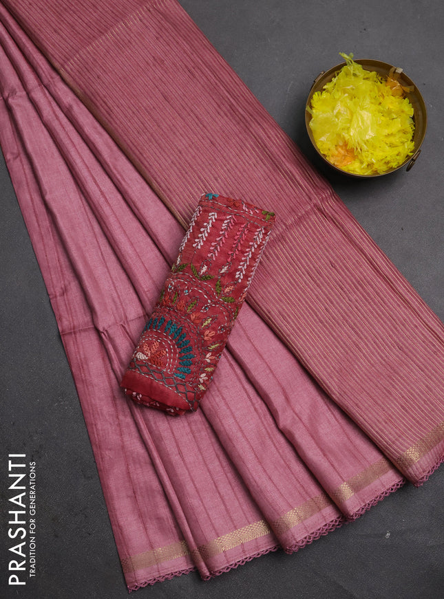 Makta silk saree mauve pink and pink shade with allover stripe pattern and zari woven border