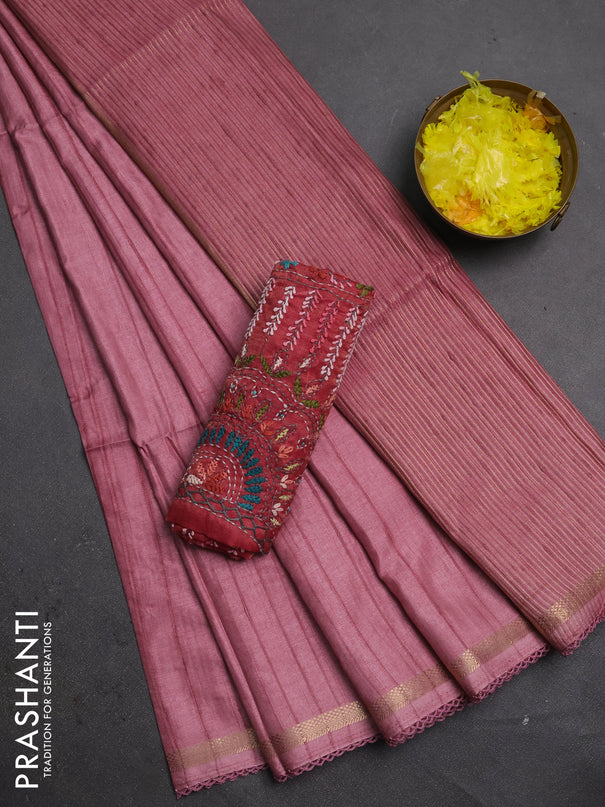 Matka silk saree mauve pink and pink shade with allover stripe pattern and zari woven border